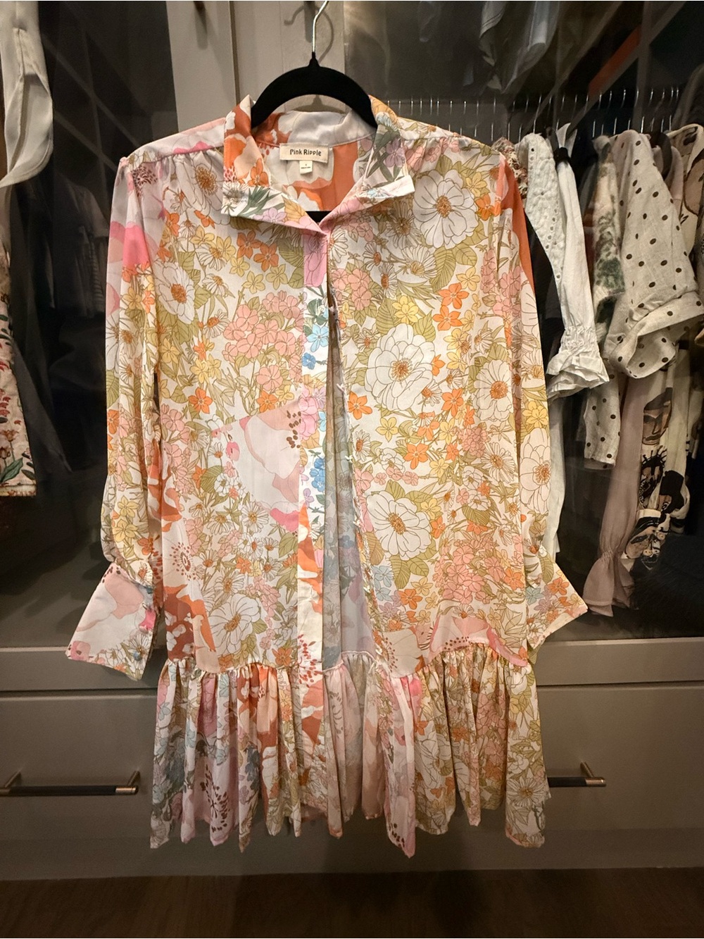 Pink Ripple Floral Collared Ruffle Hem Dress NWOT S